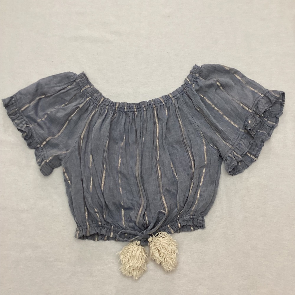 Surf Gypsy Blue Metallic Striped Tie Front Crop Top Off Shoulder Blouse M boho